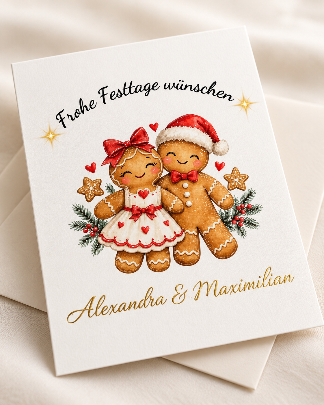 Lebkuchen-Weihnachtskarten „Frohe Festtage wünschen“, personalisiert mit Goldfolie und Couverts, 10er-Set